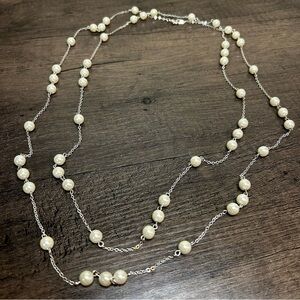 Elegant Silver and Cream Faux Pearl Long Necklace